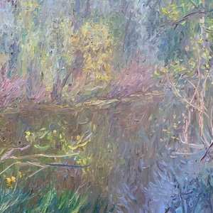 Lake in Spring. Original Oil Painting on Canvas Spring Landscape Impressionism style Ukrainian Artist Gayane Atayan, Contemporary Art, 2021.