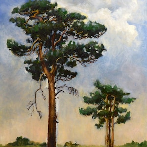 Vintage Original Oil Painting on Cardboard Summer Field Landscape with Trees Ukrainian  Artist Y. Hrynevych, Vintage Signed Artwork, 2000s.