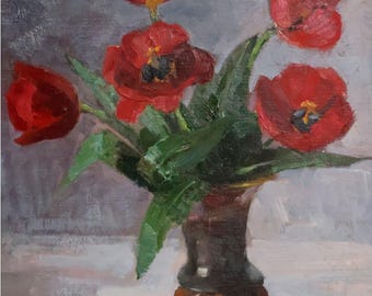 Dipinto ad olio floreale vintage: Natura morta con tulipani, firmato D. Bezruchko 1988