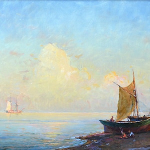Quiet Evening by the Sea. Original Oil Vintage Painting, Seascape with a Boat Ukrainian Artist Petr Stolyarenko, Signed Artwork, 2006.
