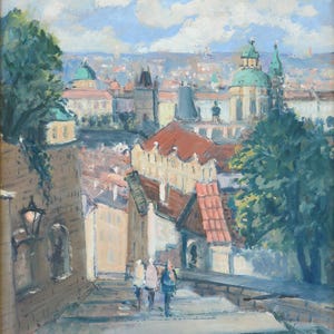 Antique Cityscape Oil Painting: &quot;Castle Staircase&quot; by J. Dovrtel, 1960s