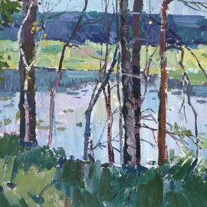 Paysage d&#39;été avec arbres, rivière, toile, peinture à l&#39;huile sur carton, artiste ukrainien inconnu, 35 48,5 cm