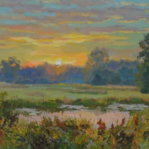 Le petit lac, 2011. Peinture murale à l&#39;huile sur toile originale signée, Paysage de rivière avec soleil, artiste ukrainien Yu.K. Art contemporain Kutilov