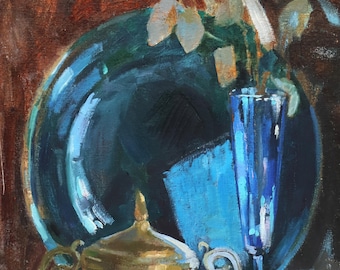 Still Life Oil Painting: Blue Goblet, Antique Sugar Bowl, Olena