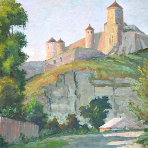 Medieval fortress on a hill. Original Oil Painting Antique Ukrainian Landscape Ukrainian Artist F.Penyushkevich, Signed Artwork 1966.