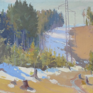 Antique Winter Mountain Forest Sunny Landscape Original Oil Painting on canvas by Ukrainian Artist K. Yakubek 1963. Signed Artwork