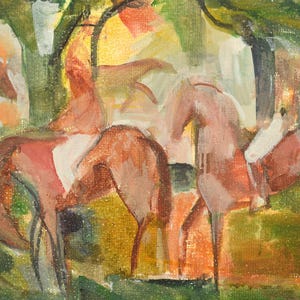 Caballos en el prado. Cartón, gouache. Pintura original de época sobre cartón del artista soviético Yurovsky Ivan Alekseevich.
