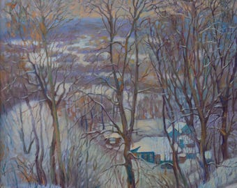 Merletto invernale, 2012. Dipinto a olio su tela originale contemporaneo con paesaggio invernale con alberi innevati, firmato dall'artista ucraino D.V. Dobryakov.