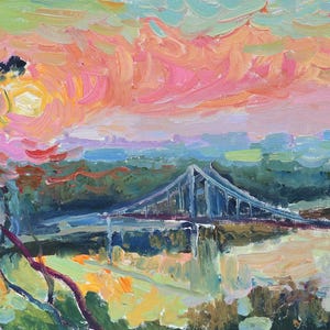 Contemporary Original Landscape with Trees and Pedestrian Bridge Oil Impressionist Painting on Cardboard Ukrainian Artist Dobryakova D.V.