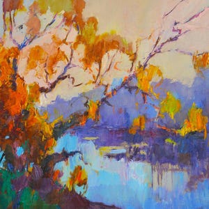 Silence du matin. Peinture à l&#39;huile originale de paysage de forêt de rivière sur la toile de l&#39;artiste ukrainien O. Shandor, oeuvre signée, années 2000.