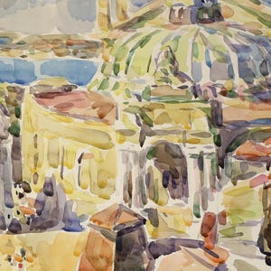 Vintage Original Watercolor Painting on Paper Urban Landscape with Opera House 47,8 x 35,8 cm, Ukrainian Artist V. Kononenko, 2000s.