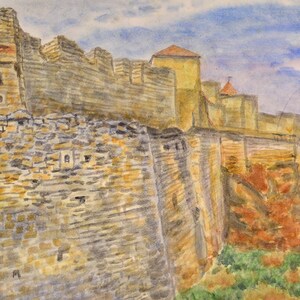 Paesaggio estivo "Fortezza". Acquerello originale d'epoca, Kiev (Ucraina), artista V.I. Gubar su carta. Opera firmata, 2015.