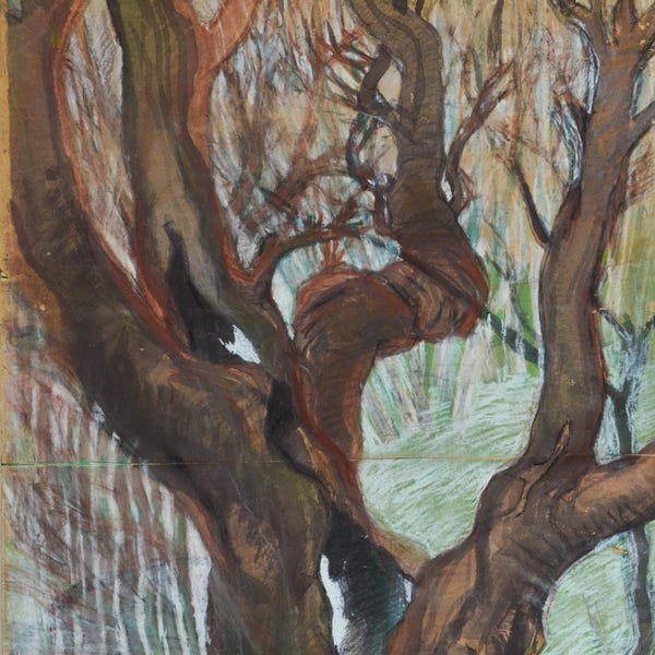 Original Vintage Landschaft mit Bäumen "Wisdom" auf Karton signiert, Mixed Media Künstler Zhovnirovskyi Yevhen