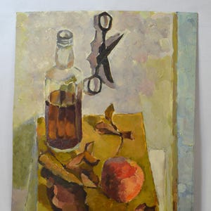Bodegón de cocina. Pintura al óleo original vintage sobre cartón de un artista ucraniano desconocido.