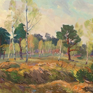 Birch Grove. Original Vintage Oil Painting Landscape with Tress on Cardboard Ukrainian artist V. Kryuchkov, Signed Artwork, 1984