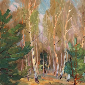 Vintage Original Oil Painting Forest Landscape with Tress on Cardboard Ukrainian Artist V. Kryuchkov, Wall Artwork, 80s. Original Gift