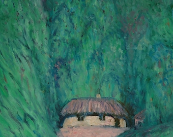 Paisaje abstracto original, pintura al óleo mural firmada en tonos verdes sobre cartón, del artista ucraniano V. Kovalenko, obra de arte contemporáneo.