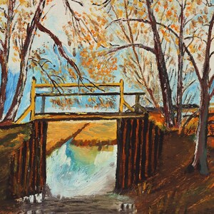 Pont d&#39;automne. Vintage peinture à l&#39;huile originale de paysage d&#39;automne sur le carton de l&#39;artiste ukrainien Heorhii Deliiev, oeuvre signée 2008. Décoration d&#39;intérieur
