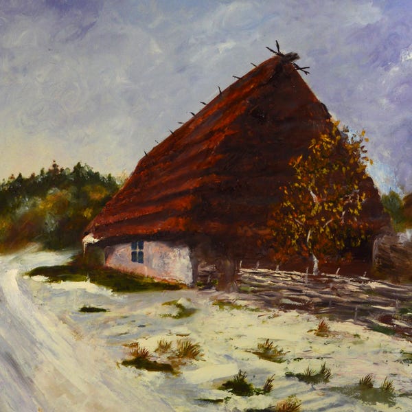 Erster Schnee. Landhaus in Pyrohiv. Original Ölgemälde Landschaft auf Karton Ukrainischen Künstler Yu. F. Hrynevych, Signiertes Kunstwerk, 2013