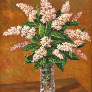 Still Life with Lilac Flowers in a Vase. Original Vintage Oil Painting Flower Still Life Ukrainian Artist V. Agafonov, Signed Artwork, 1988.