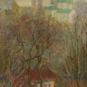 City Landscape &quot;Catedral&quot;. Original vintage oil painting on cardboard by an unknown Ukrainian artist.
