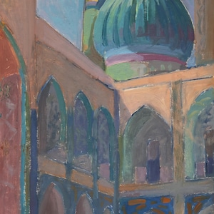 Mosque. Vintage Original Oil Painting Cityscape on Cardboard, Ukrainian Artist V. Strelnikov, Signed Artwork, 90s. Original Gift
