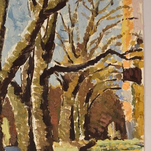 Parque urbano con paisaje. Pintura al óleo original vintage sobre cartón de un artista ucraniano desconocido.