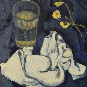 Bodegón de cocina con vaso. Pintura al óleo original vintage sobre cartón de un artista ucraniano desconocido.