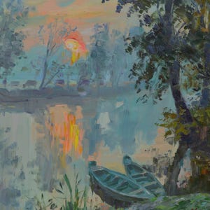 Paysage de rivière avec arbres « The Sun Rises », 2015 peinture murale à l&#39;huile sur toile originale signée de l&#39;artiste ukrainien Yu.K. Art contemporain Kutilov