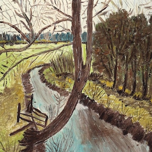 Small Vintage Original River Spring Landscape Oil Painting on Cardboard Ukrainian Artist Heorhii Deliiev Signed Artwork, 2006. Ukrainian Art