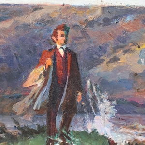 Pintura al óleo original antigua, Paisaje marino "Hombre solitario junto al mar". Pintura firmada por el artista ucraniano Anatolii Gorbenko. Obra de arte, años 70.