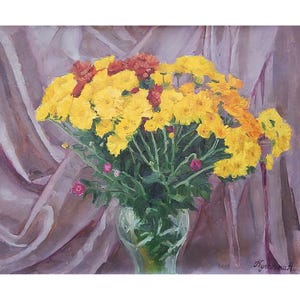 Pintura al óleo floral Lienzo original Arte Bodegón con flores Artista ucraniano A.Kulagina Obra de arte firmada 50 x 60 cm, 2011.