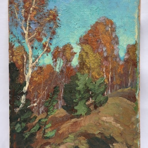 Autumn Silence. Original Vintage Oil Painting Fall Landscape, Ukrainian Artist V. Kryuchkov. Unsigned Artwork, 80s. Wall Art Home decor