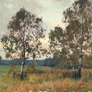 Abedules en un amplio claro, 1980. Pintura al óleo original de paisaje vintage sobre cartón, del artista ucraniano V. Kryuchkov. Obra firmada.