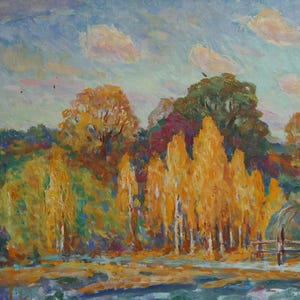 Pintura a óleo antiga original, paisagem "Outono dourado", bosque de bétulas, prado, palheiro, artista ucraniano soviético, obra de arte vintage dos anos 60.