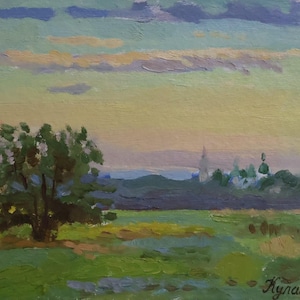 Original Oil Painting, Field Landscape “Early Morning”, Ukrainian Artist A. Kulagina, Signed Artwork, 2007.