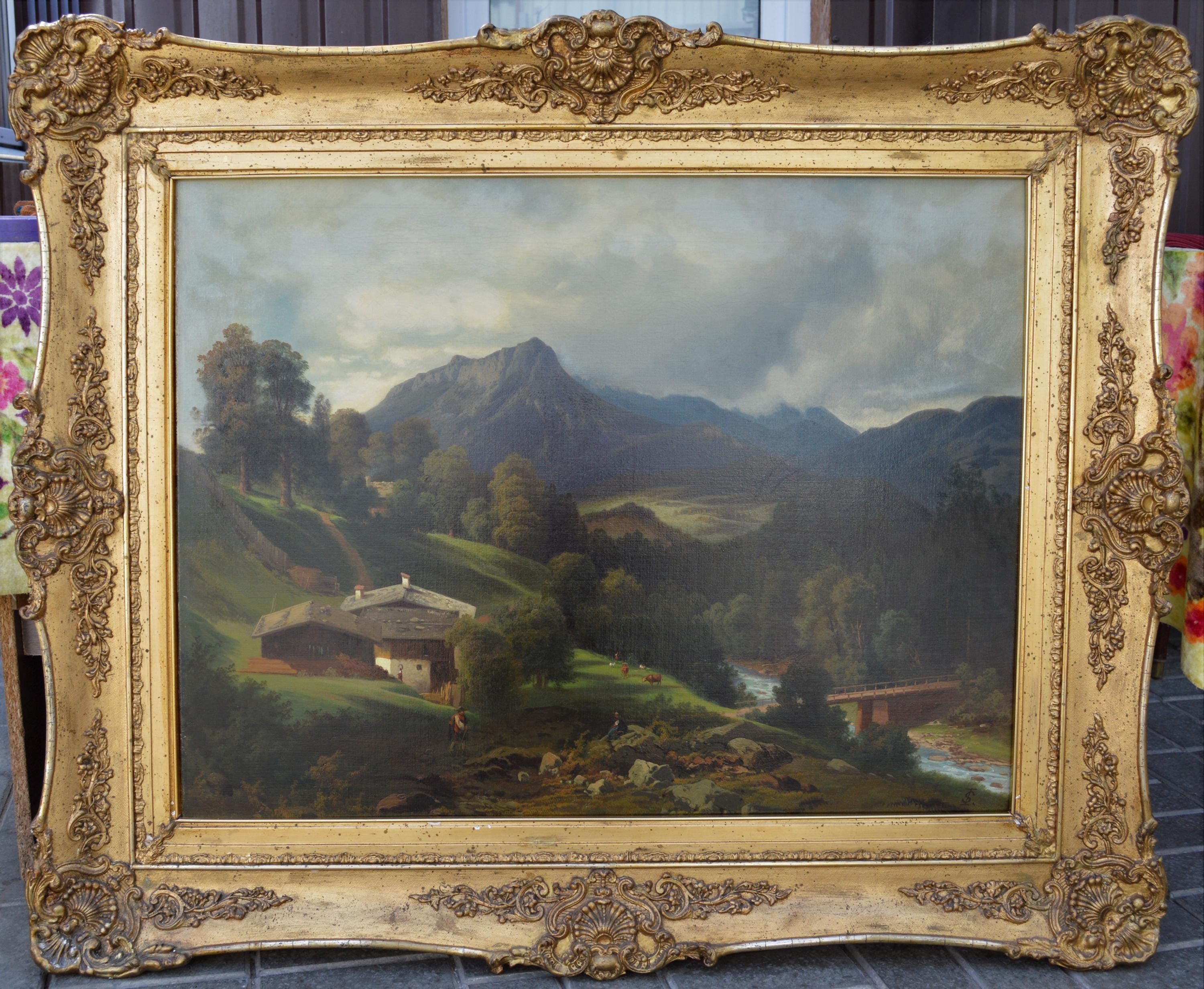 絵画・油絵・アンティーク・額絵 アンティーク油絵：森と山の風景、19世紀ヨーロッパ美術（71 x 88 cm