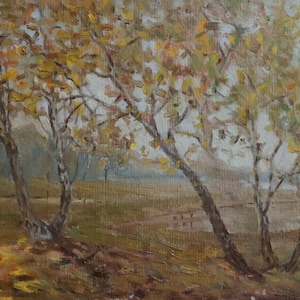 Pintura a óleo original de paisagem antiga, Outono dourado, bétulas na orla da floresta, artista soviético I. D. Vorobyev (1908 - 1972)