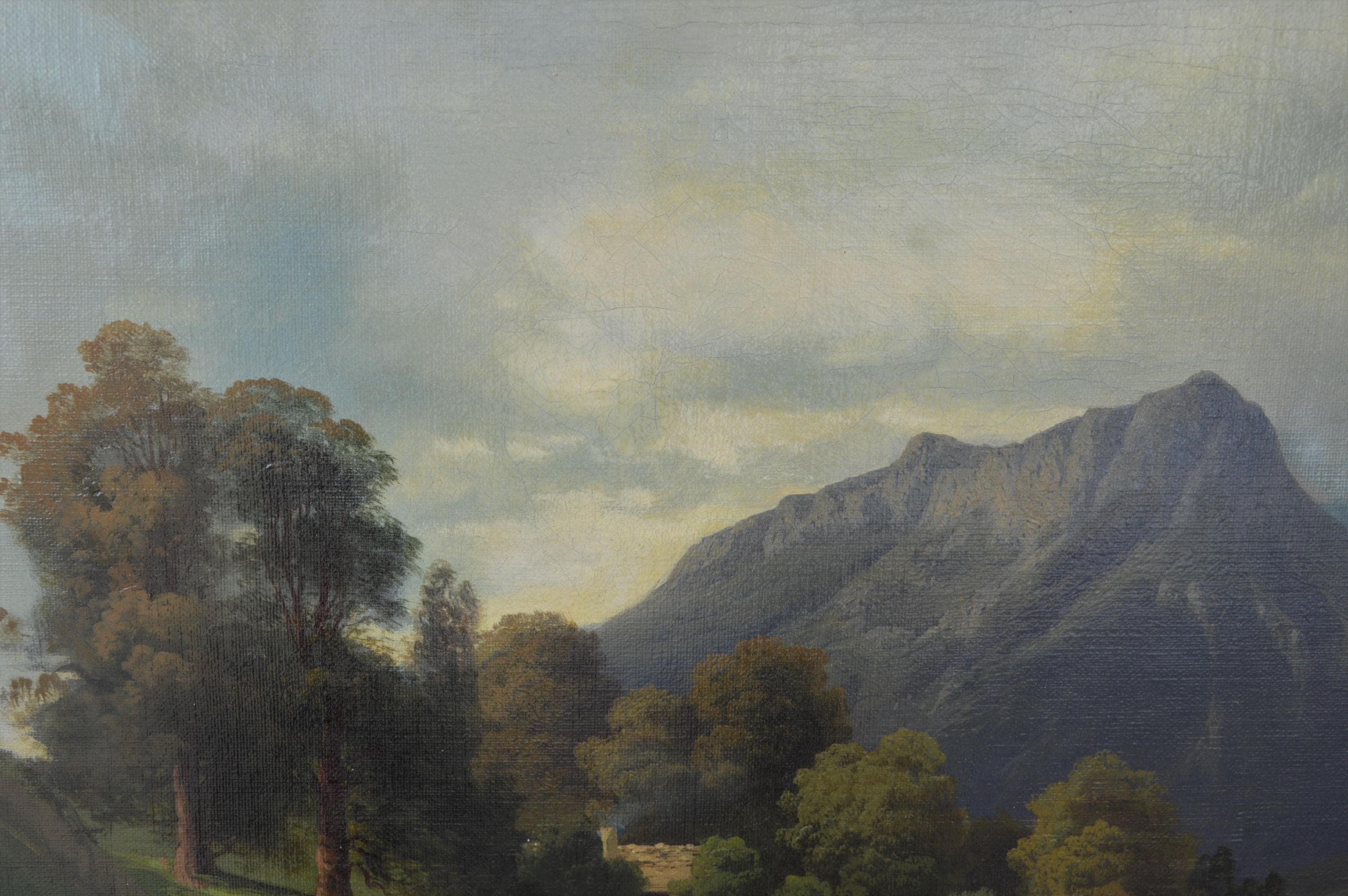 アンティーク油絵：森と山の風景、19世紀ヨーロッパ美術（71 x 88 cm