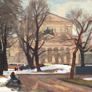 La última nevada en el parque cerca del teatro, 1984. Pintura al óleo original vintage de paisaje urbano sobre cartón, del artista ucraniano V. Kryuchkov.