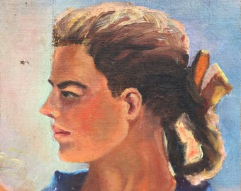 少女の肖像、女性の肖像、80年代。ヴィンテージのオリジナル小型油彩画