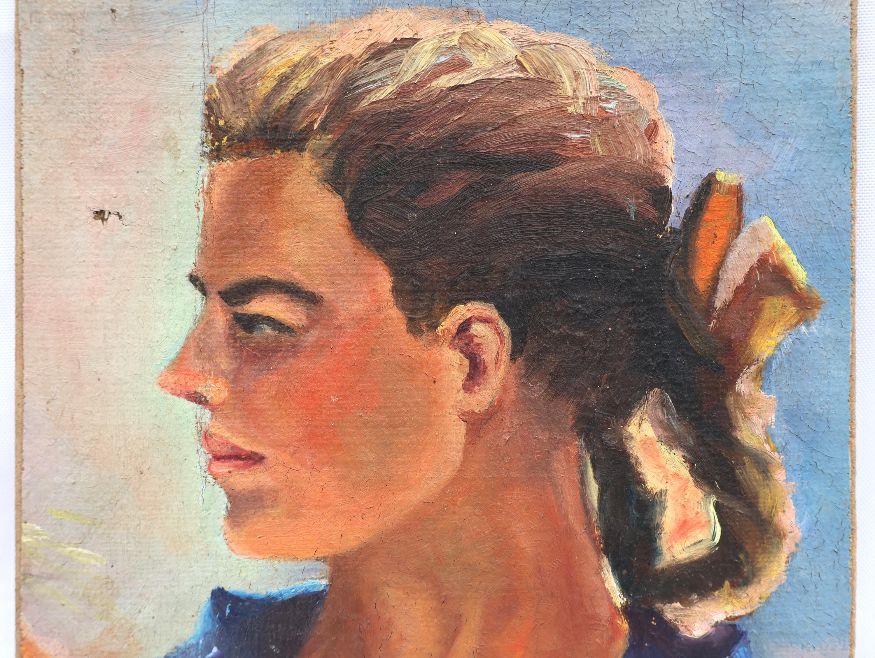 少女の肖像画、女性の肖像画、80年代。ヴィンテージのオリジナル小品