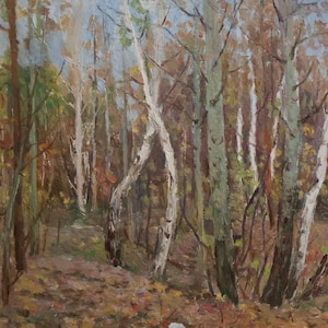Pintura a óleo antiga original, bétulas, paisagem de floresta de outono, artista soviético I. D. Vorobyev (1908 - 1972), obra de arte vintage dos anos 60.