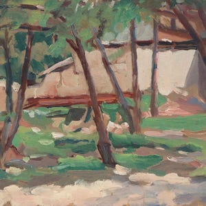 Pequeña pintura al óleo antigua original de paisaje rural de verano con árboles sobre cartón de un artista ucraniano desconocido, años 40.
