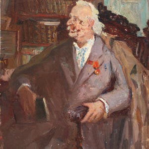 Pequeño retrato al óleo original antiguo de un hombre con medalla. Pintura sobre cartón de un artista ucraniano desconocido, años 80. Retrato masculino.