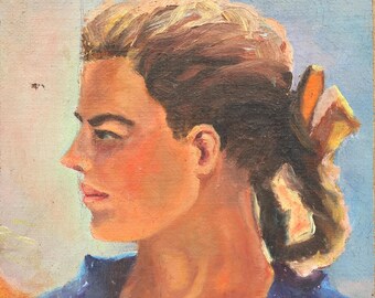 少女の肖像、女性の肖像、80年代。ヴィンテージのオリジナル小型油彩画