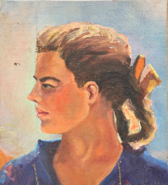 少女の肖像、女性の肖像、80年代。ヴィンテージのオリジナル小型油彩画