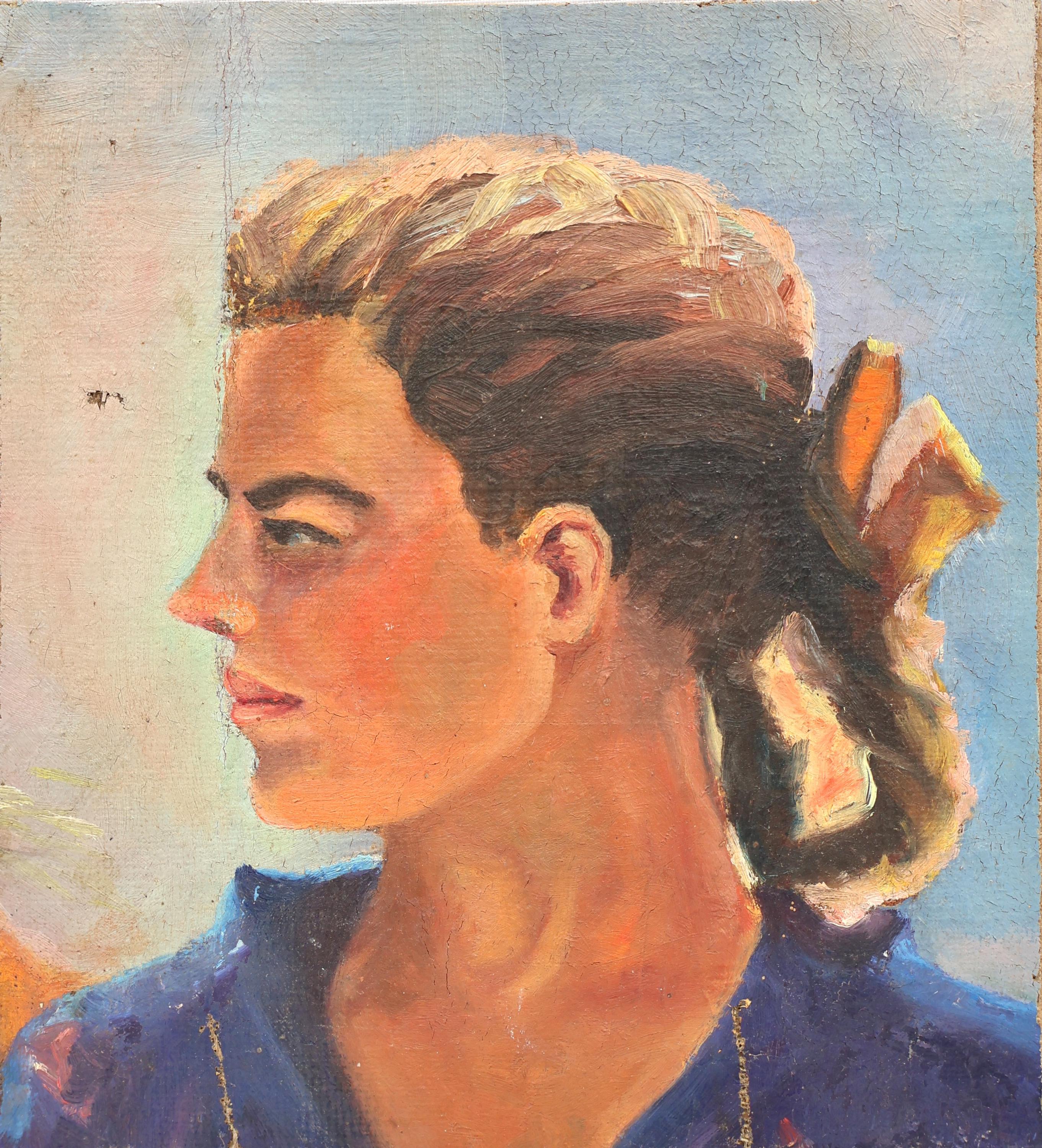 少女の肖像画、女性の肖像画、80年代。ヴィンテージのオリジナル小品