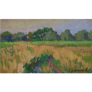 Small Landscape Oil Painting Original Art Summer Field Landscape Ukrainian Artist A. Kulagina Signed Artwork, 2006.