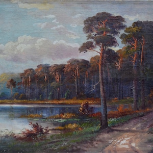 Original Oil Painting: Sunset Forest River Landscape by A. Blatt, 60s